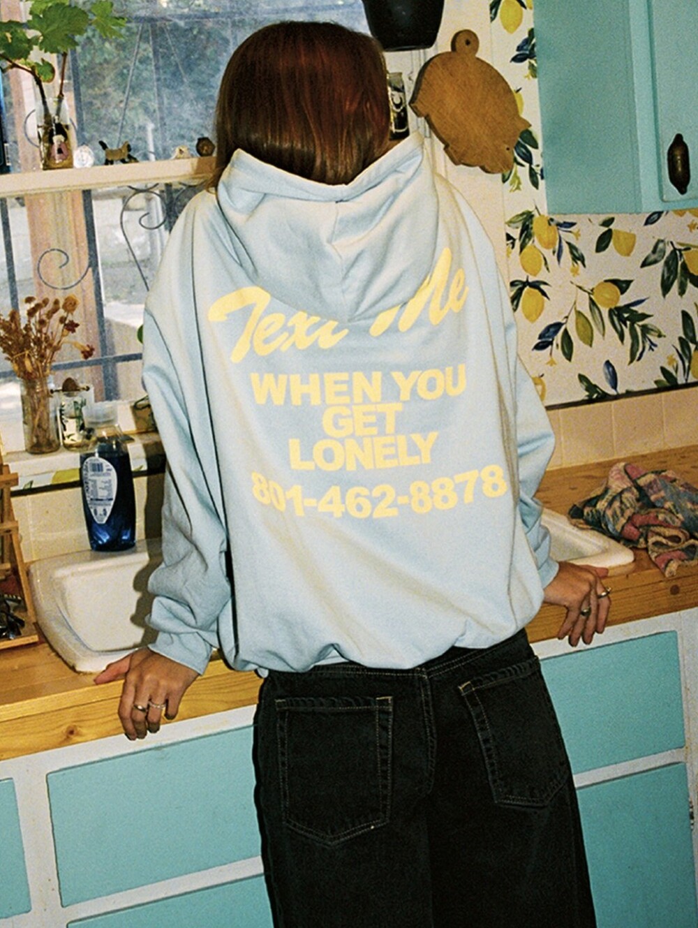Lonely Ghost Graphic Hoodie Blue Text Me When You Get Lonely Size XS